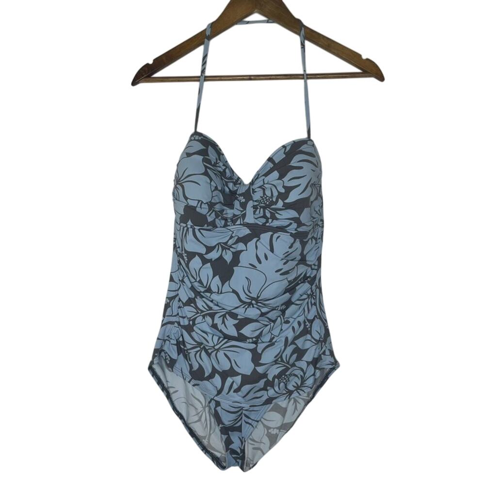 Tommy Bahama Swimsuit 16 Blue Floral Ruched Halter One Piece Retro Chic